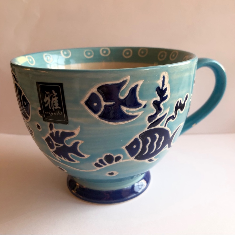 Yokohama Studio Pottery Blue Coffee Mug Tea Cup Hand painted fish sealife coral - Picture 2 of 9
